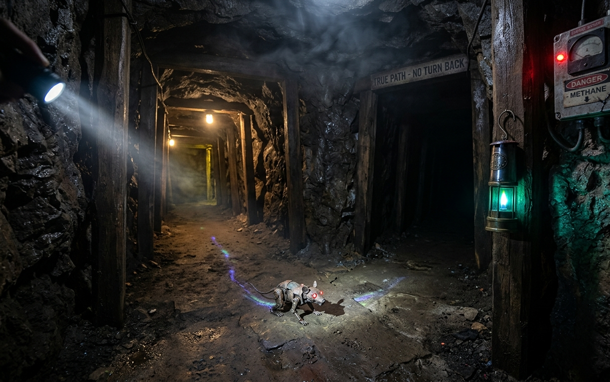 Room 1 — The Ventilation Shaft: dark mine tunnel with gas warning signs, a mechanical rat, and a green methane lantern