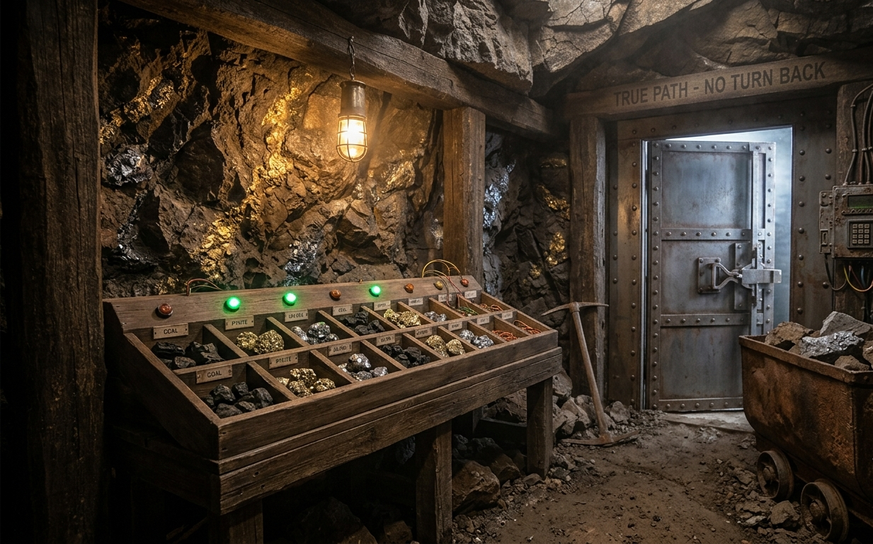 Room 4 — The Ore Face: mineral sorting station with labelled ore compartments and a steel vault door