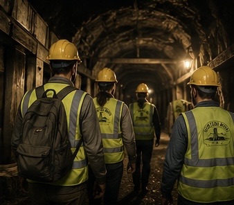 Group of visitors in helmets and reflective vests walking through the mine tunnel