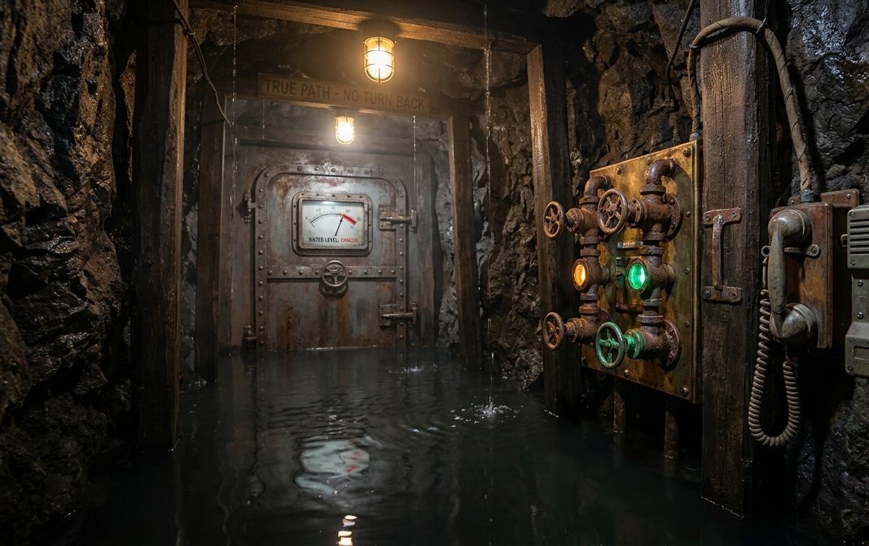 Room 2 — The Flood Tunnel: flooded mine passage with water-level gauge, bulkhead door, and pump controls
