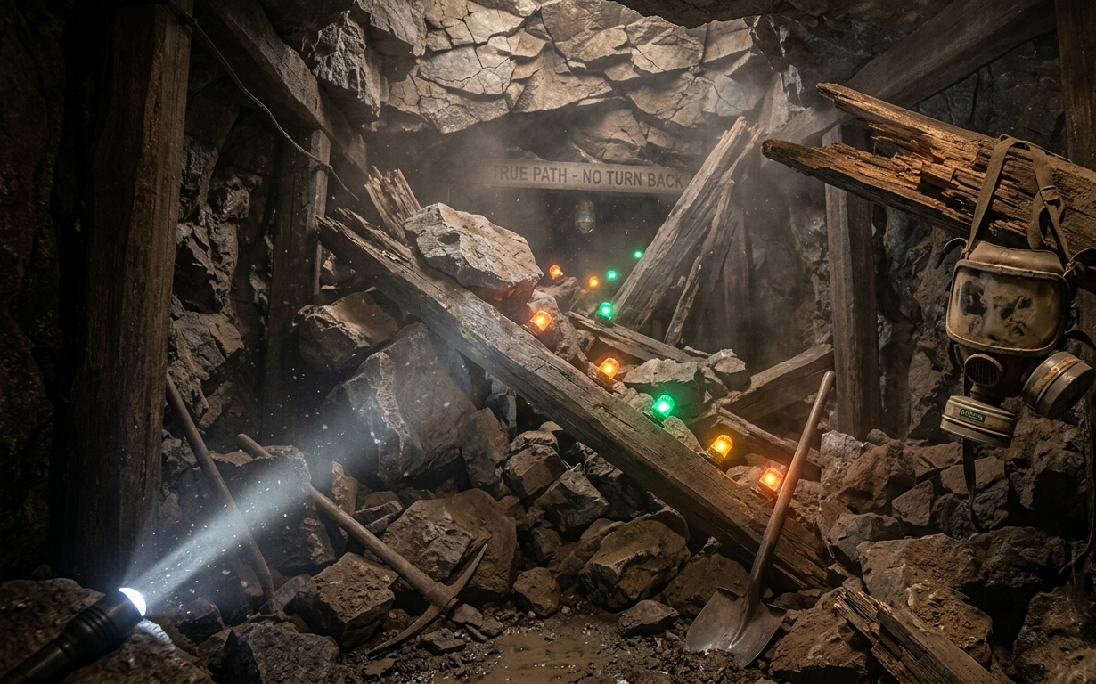 Room 3 — The Collapse: debris field of broken timber and rock with signal lights and a gas mask