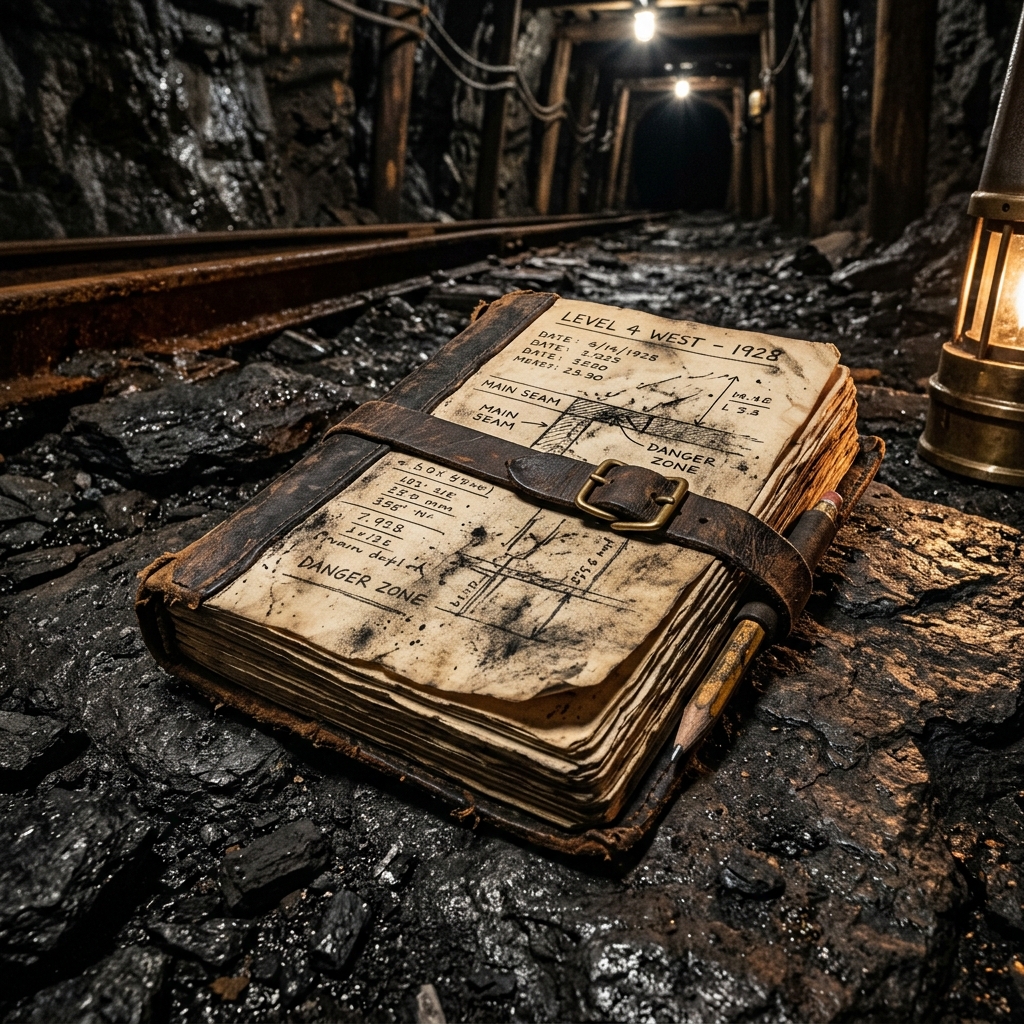 Mission notebook with coal smudges