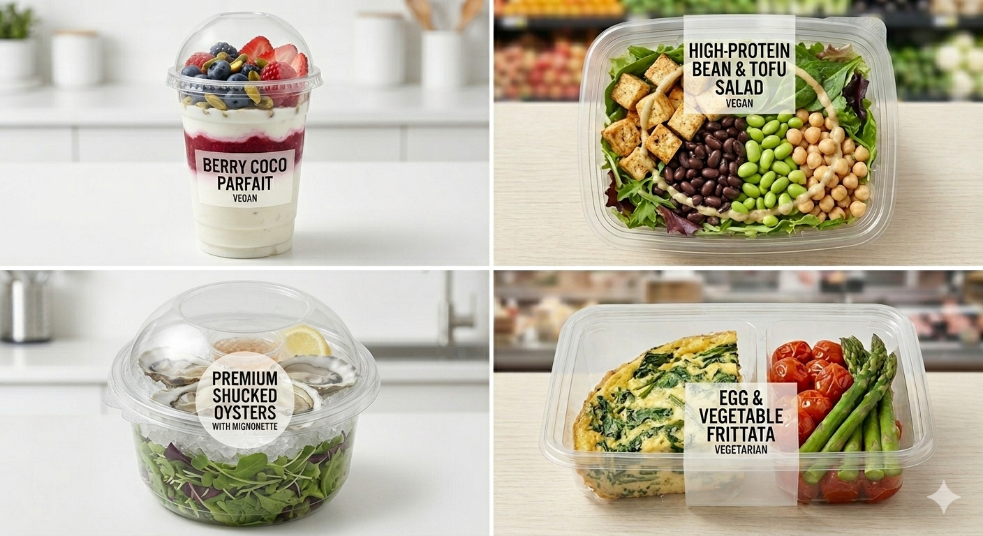 MVP Product Lineup — Berry Coco Parfait, Bean & Tofu Salad, Premium Oysters, Egg & Vegetable Frittata
